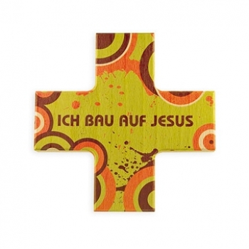 Buchenholzkreuz gleichschenklig "ICH BAU AUF JESUS"