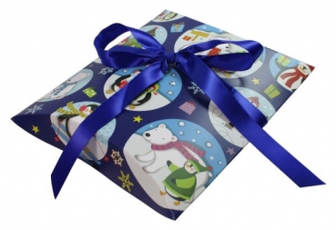 Geschenk-Faltschachtel blau mit Kinder-Wintermotiv