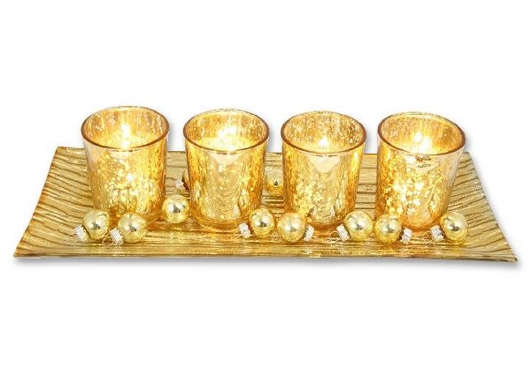 Teelichtglas-Set auf Glasteller gold