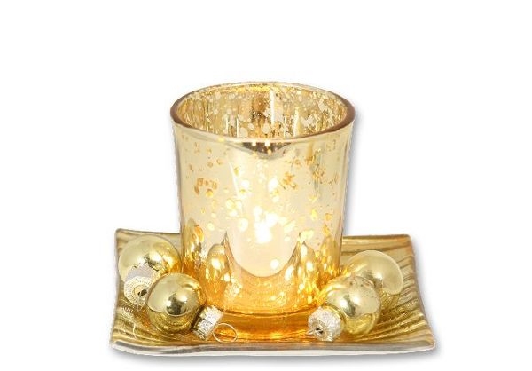 Teelichtglas auf Teller gold