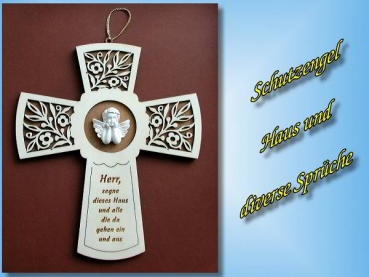 Filigranes Holzkreuz mit Spruch und weißem Engel