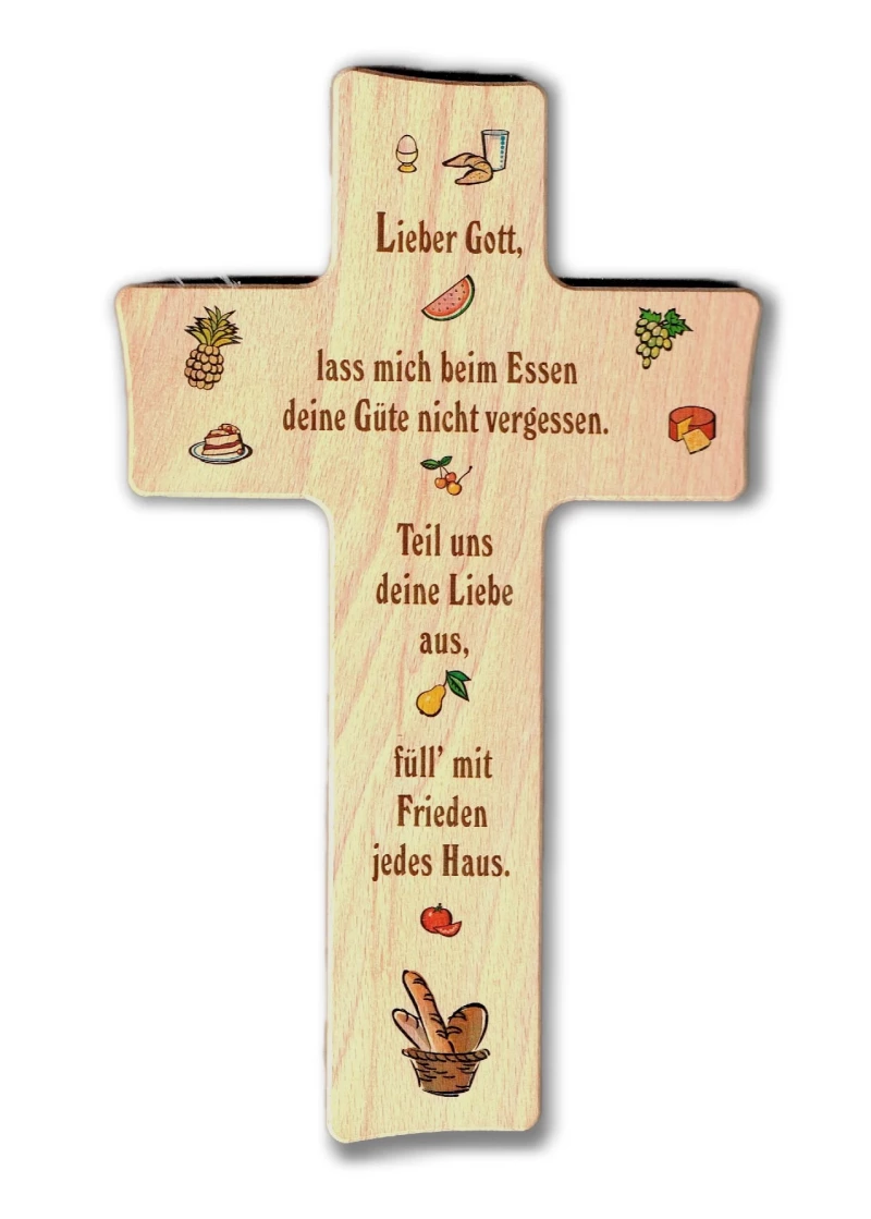 Kreuz aus Buchenholz "Lieber Gott, lass mich beim Essen........"