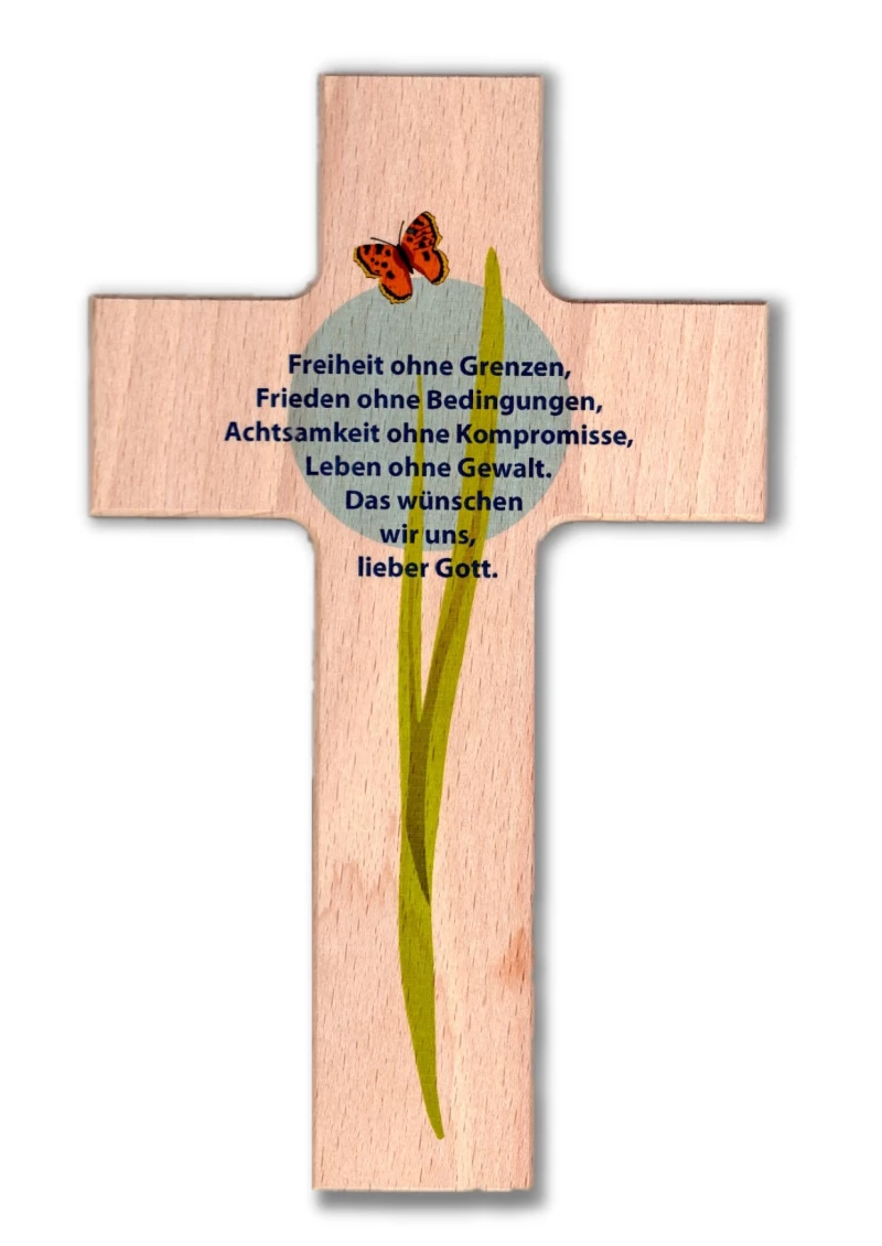 Kreuz aus Buchenholz "Freiheit ohne Grenzen"